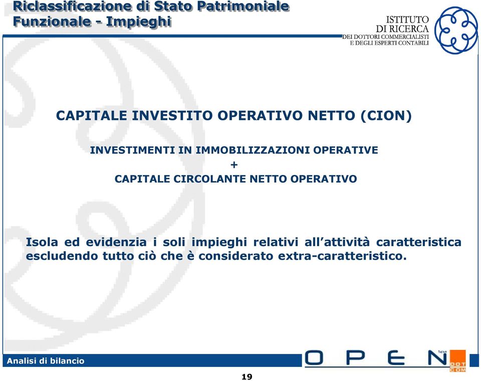 CAPITALE CIRCOLANTE NETTO OPERATIVO Isola ed evidenzia i soli impieghi relativi