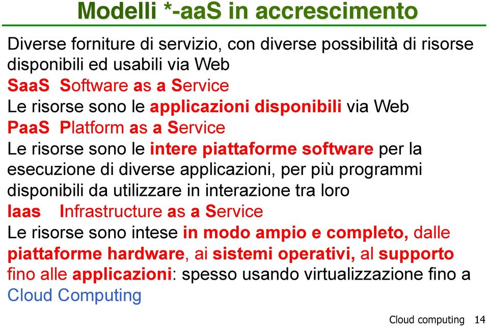 disponibili via Web PaaS Platform as a Service Le risorse sono le intere piattaforme software per la esecuzione di diverse applicazioni, per più programmi