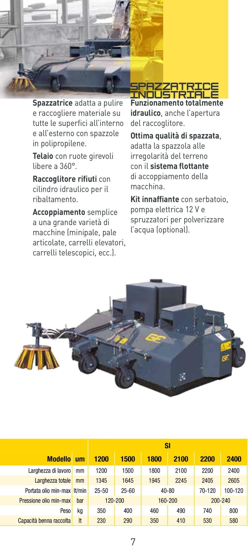 SPAZZATRICE INDUSTRIALE Funzionamento totalmente idraulico, anche l apertura del raccoglitore.