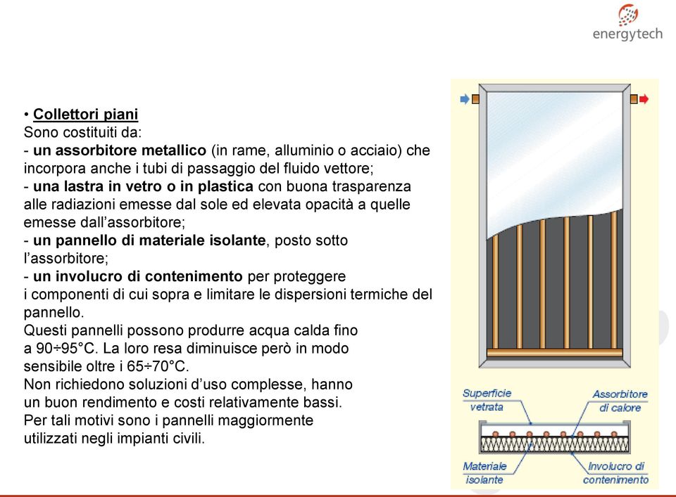 contenimento per proteggere i componenti di cui sopra e limitare le dispersioni termiche del pannello. Questi pannelli possono produrre acqua calda fino a 90 95 C.