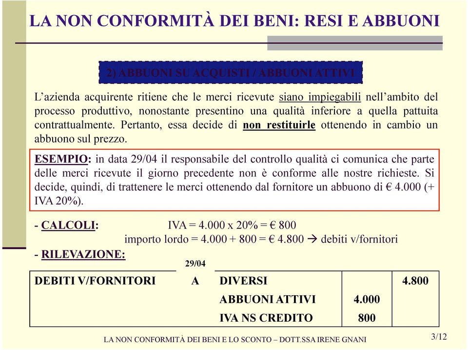 ESEMPIO: in data il responsabile del controllo qualità ci comunica che parte delle merci ricevute il giorno precedente non è conforme alle nostre richieste.