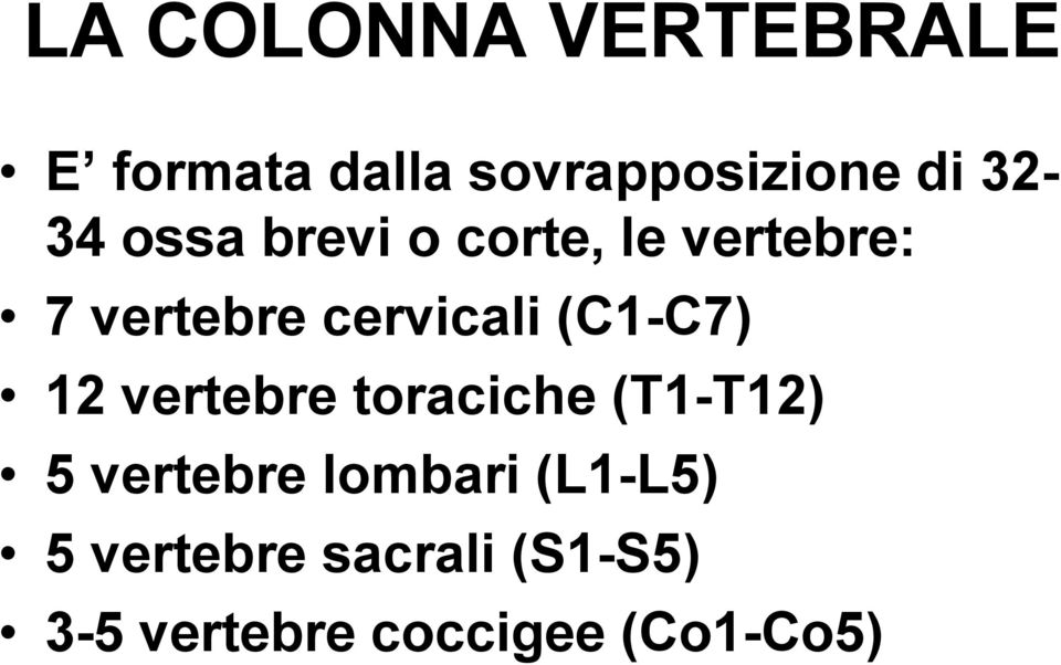 (C1-C7) 12 vertebre toraciche (T1-T12) 5 vertebre lombari