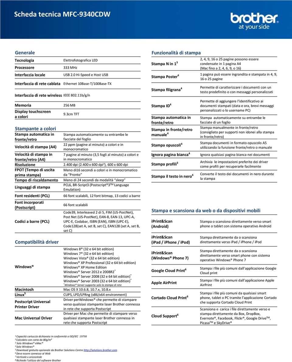 11b/g/n Memoria Display touchscreen a colori Stampante a colori Stampa automatica in Velocità di stampa (A4) Velocità di stampa in (A4) Risoluzione FPOT (Tempo di uscita prima stampa) Tempo di