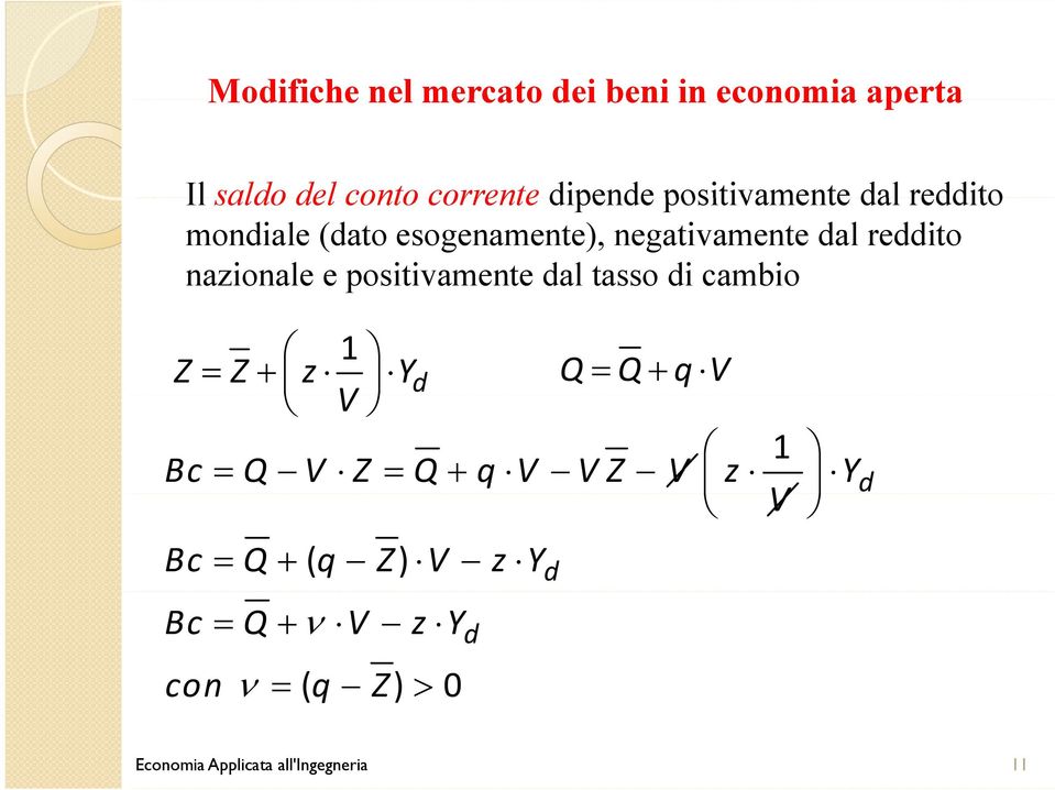 positivamente dal tasso di cambio 1 Z = Z+ z Y d Q= Q+ q V V 1 Bc = Q V Z = Q + q V V Z V z Y