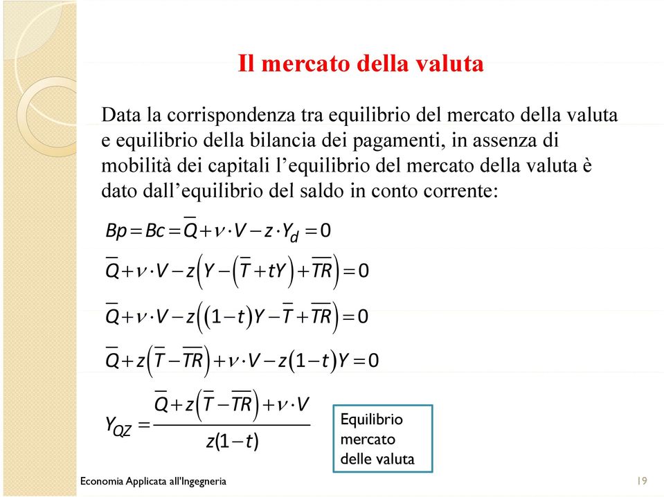 conto corrente: Bp = Bc = Q+ ν V z Y d =0 ( ( ) ) Q+ ν V z Y T+ ty + TR =0 ( ( ) ) Q+ ν V z 1 t Y T+ TR = 0 ( ) ν ( ) Q+ z