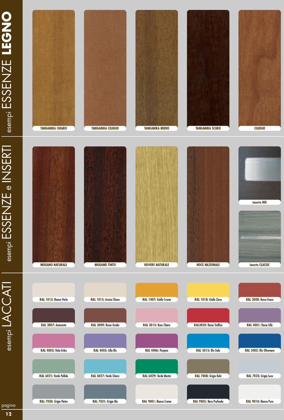 Rosa Chiaro RAL 4006: Porpora RAL 1018: Giallo Zinco RAL3020: Rosso Traffico RAL 5015: Blu Cielo RAL 3000: Rosso Fuoco RAL 4001: Rosso Lilla RAL 5002: Blu Oltremare RAL 6021: Verde Pallido RAL