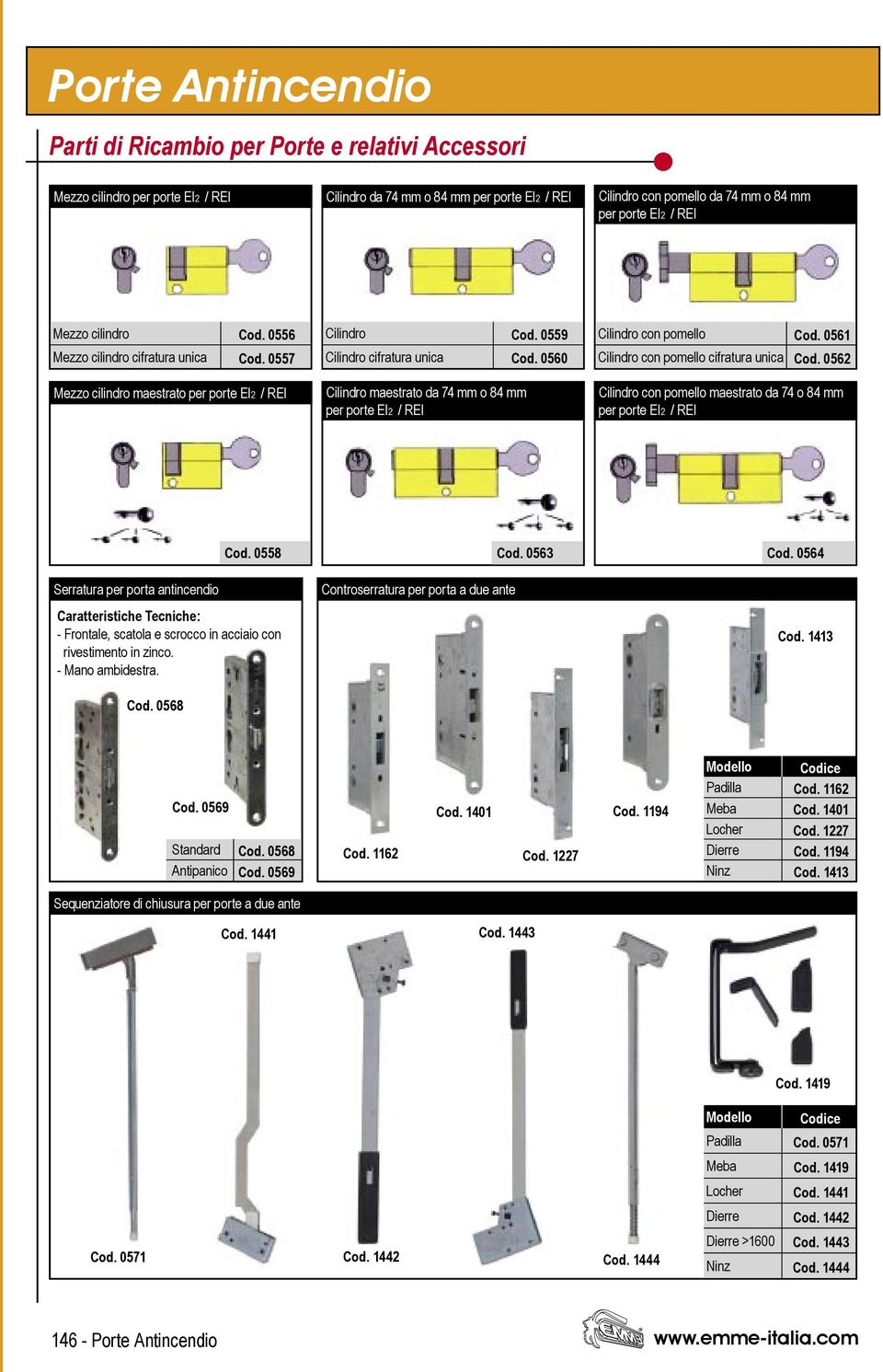 0561 Cilindro con pomello cifratura unica Cod. 0562 Cilindro con pomello maestrato da 74 o 84 mm per porte EI2 / REI Cod. 0558 Cod. 0563 Cod.