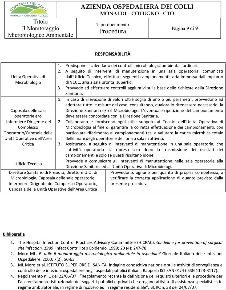 di Microbiologia, Caposala delle sale operatorie, Infermiere Dirigente del Complesso Operatorio, Caposala delle Unità Operative dell Area Critica RESPONSABILITÀ 1.