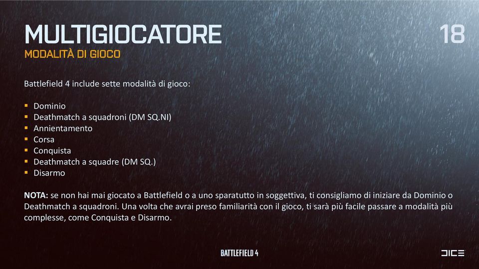 ) Disarmo NOTA: se non hai mai giocato a Battlefield o a uno sparatutto in soggettiva, ti consigliamo di