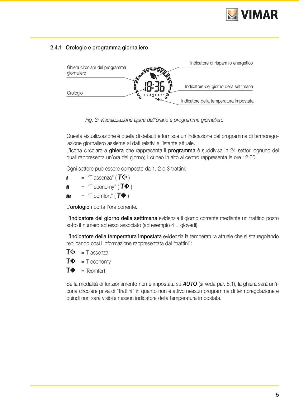 3: Visualizzazione tipica dell orario e programma giornaliero Questa visualizzazione è quella di default e fornisce un indicazione del programma di termoregolazione giornaliero assieme ai dati