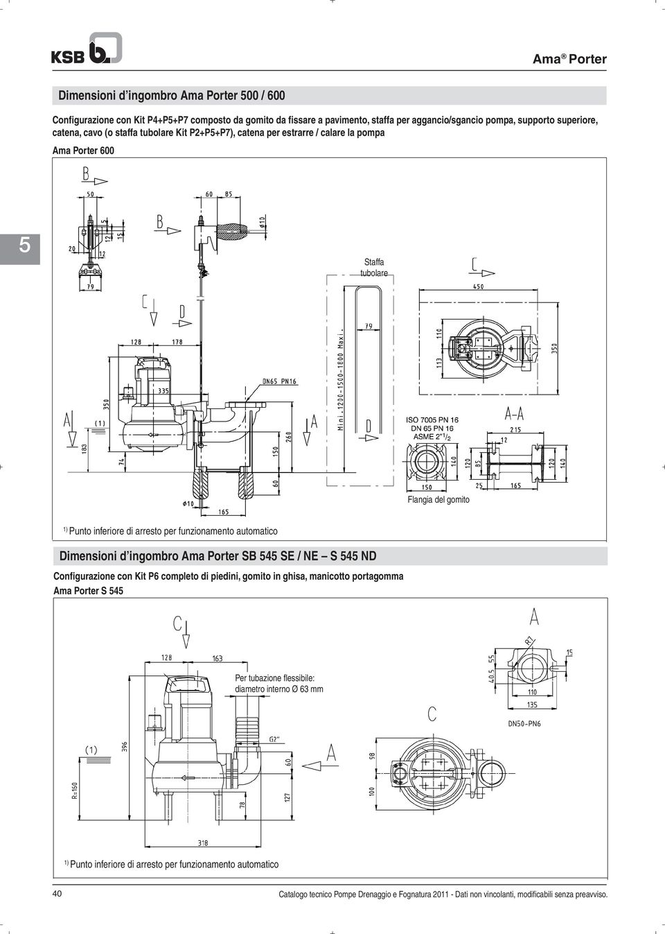 Dimensioni d ingombro Ama Porter SB 4 SE / NE S 4 ND Configurazione con Kit P6 completo di piedini, gomito in ghisa, manicotto portagomma Ama Porter S 4 Per tubazione flessibile: