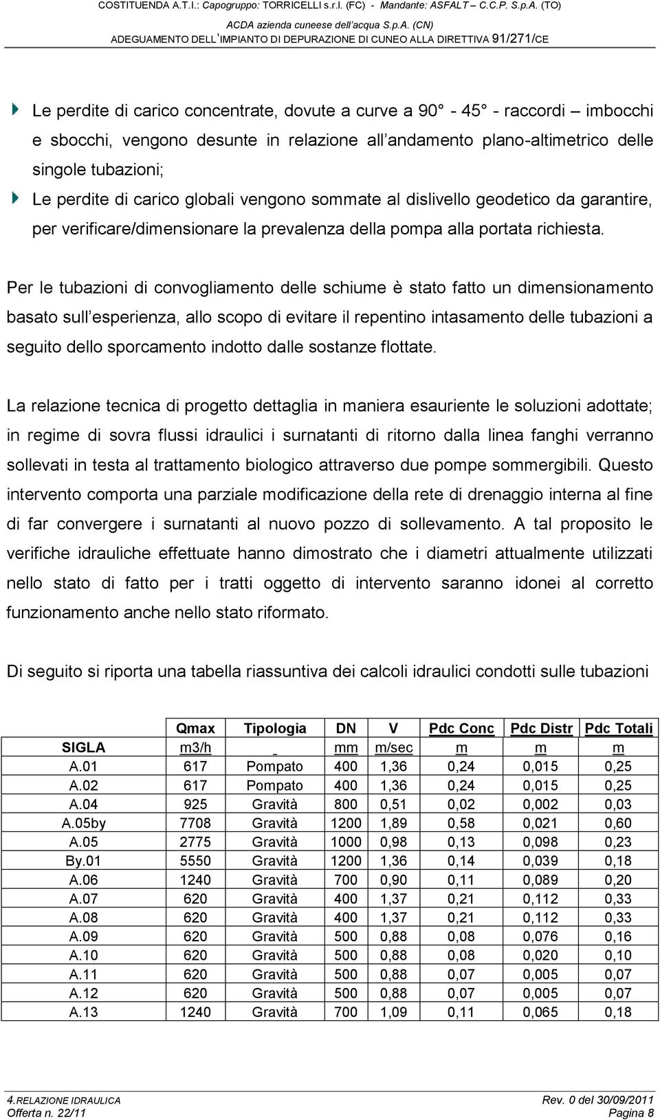 Per le tubazioni di convogliamento delle schiume è stato fatto un dimensionamento basato sull esperienza, allo scopo di evitare il repentino intasamento delle tubazioni a seguito dello sporcamento