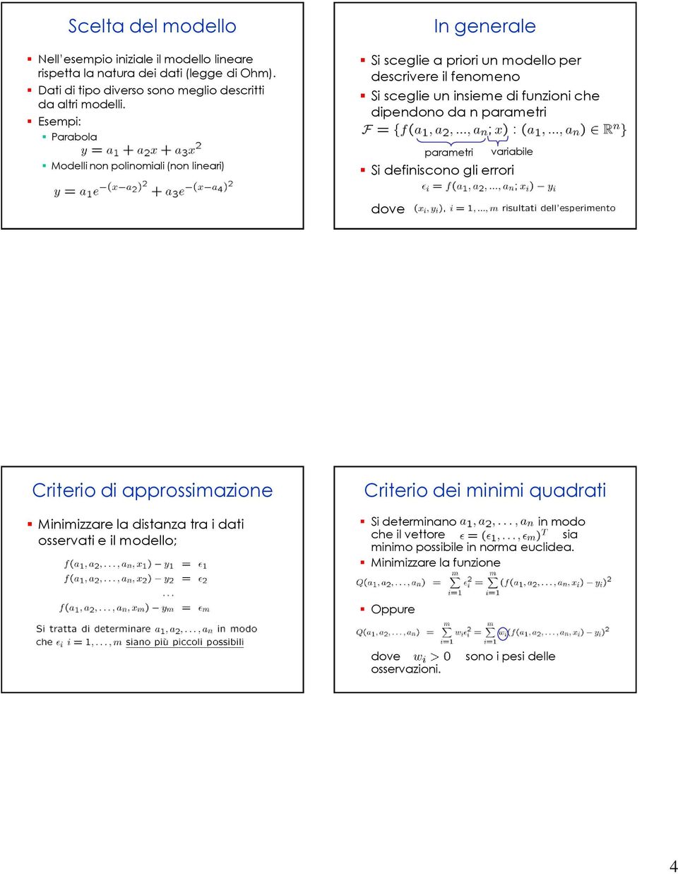 dipendono da n parametri parametri variabile Si definiscono gli errori dove Criterio di approssimazione Minimizzare la distanza tra i dati osservati e il modello;