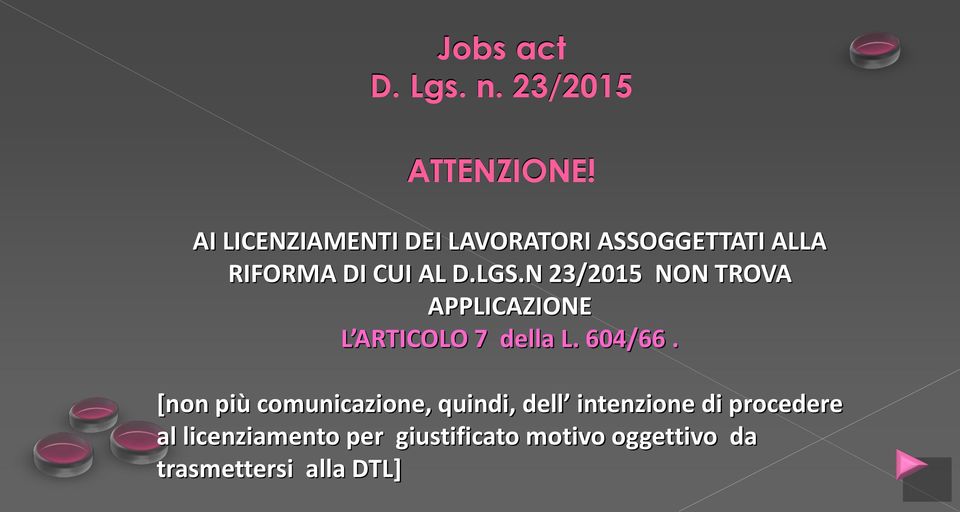 N 23/2015 NON TROVA APPLICAZIONE L ARTICOLO 7 della L. 604/66.