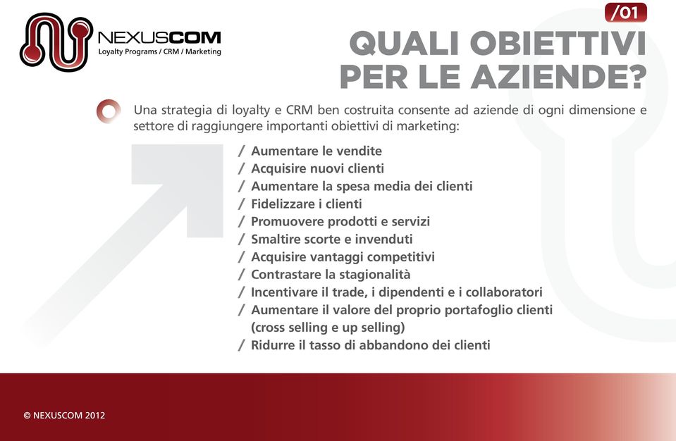 Aumentare le vendite / Acquisire nuovi clienti / Aumentare la spesa media dei clienti / Fidelizzare i clienti / Promuovere prodotti e servizi /