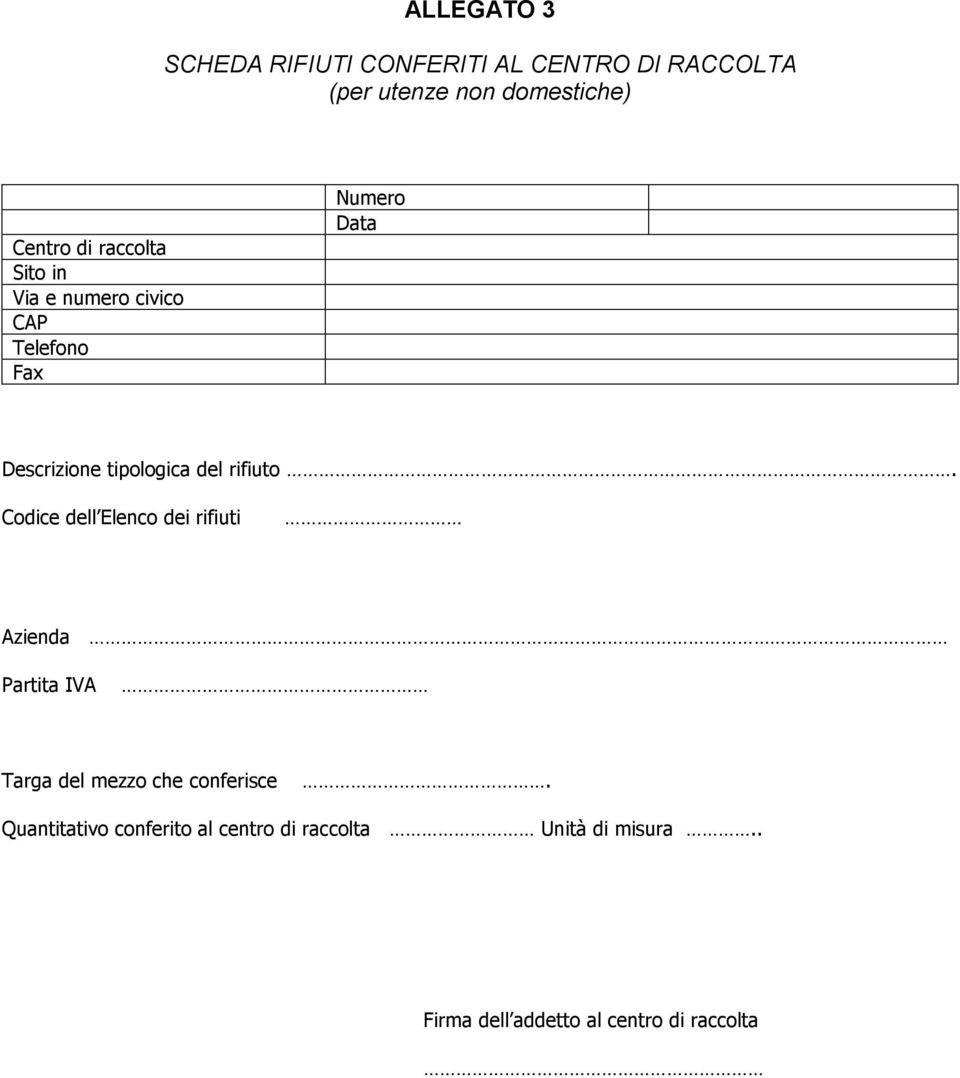 rifiuto. Codice dell Elenco dei rifiuti Azienda Partita IVA Targa del mezzo che conferisce.