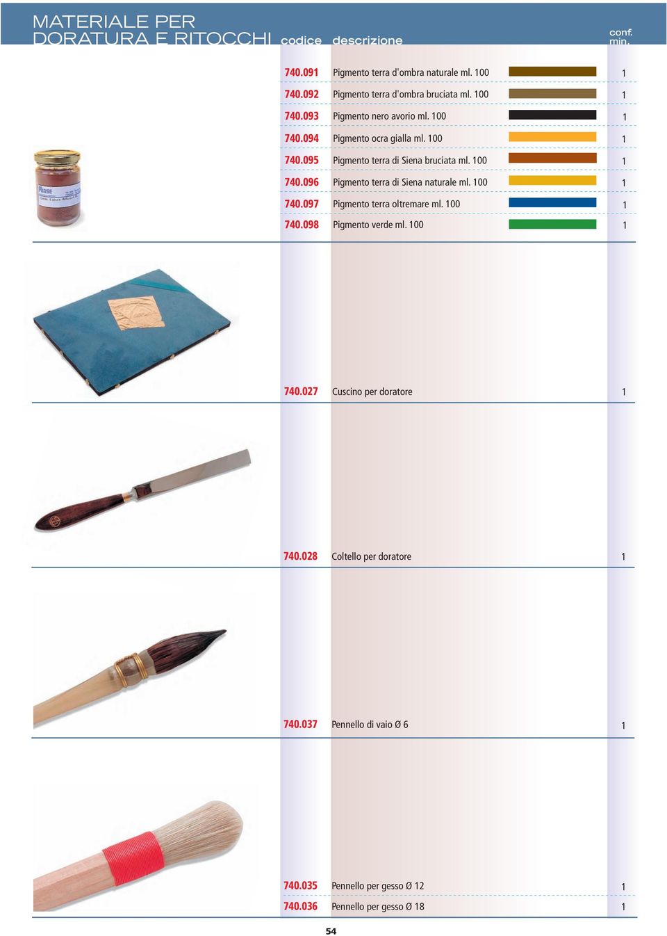 00 740.097 Pigmento terra oltremare ml. 00 740.098 Pigmento verde ml. 00 740.027 Cuscino per doratore 740.