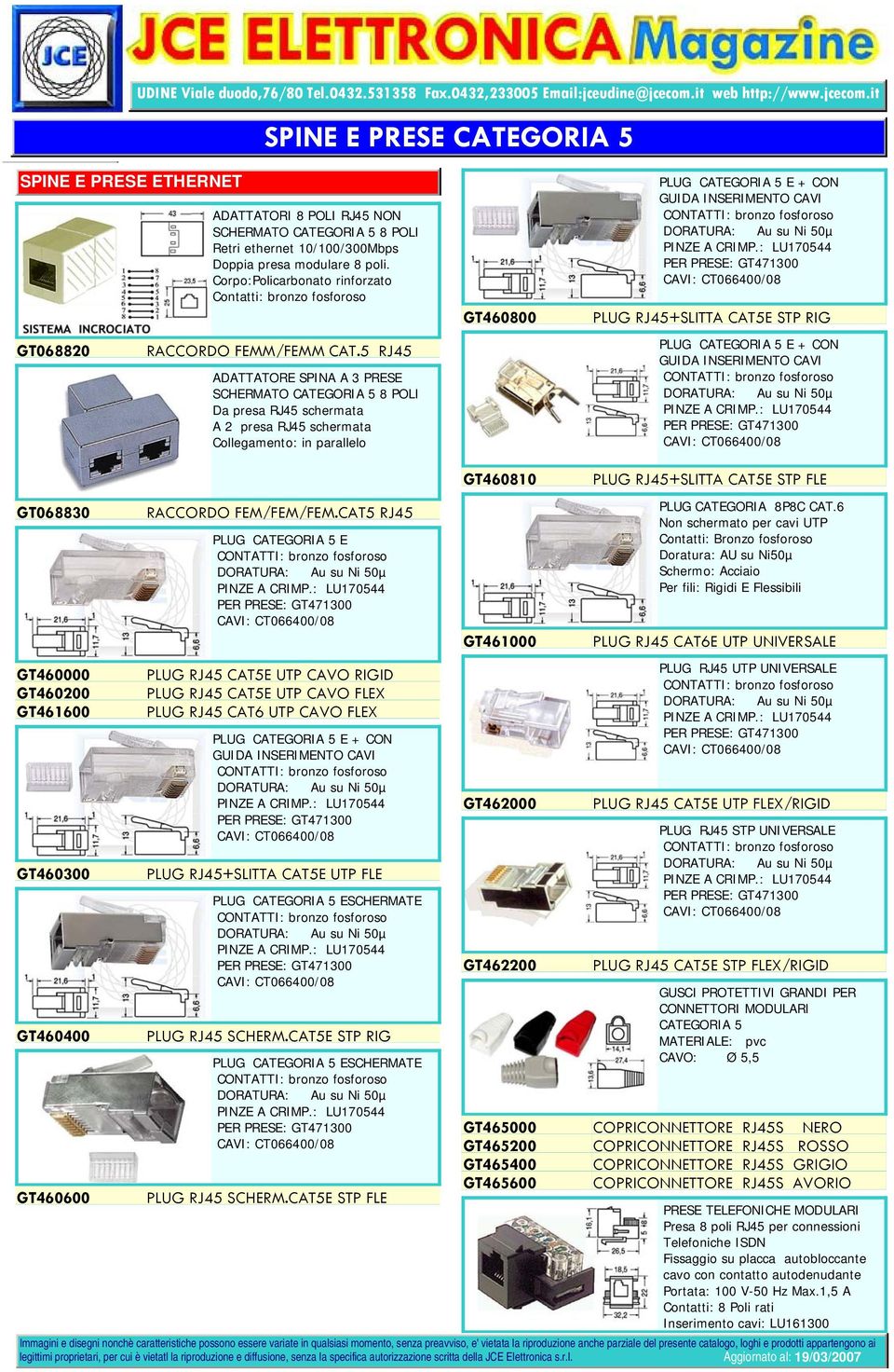 5 ADATTATORE SPINA A 3 PRESE SCHERMATO CATEGORIA 5 8 POLI Da presa schermata A 2 presa schermata GT460800 PLUG CATEGORIA 5 E + CON GUIDA INSERIMENTO CAVI PLUG +SLITTA CAT5E STP RIG PLUG CATEGORIA 5 E