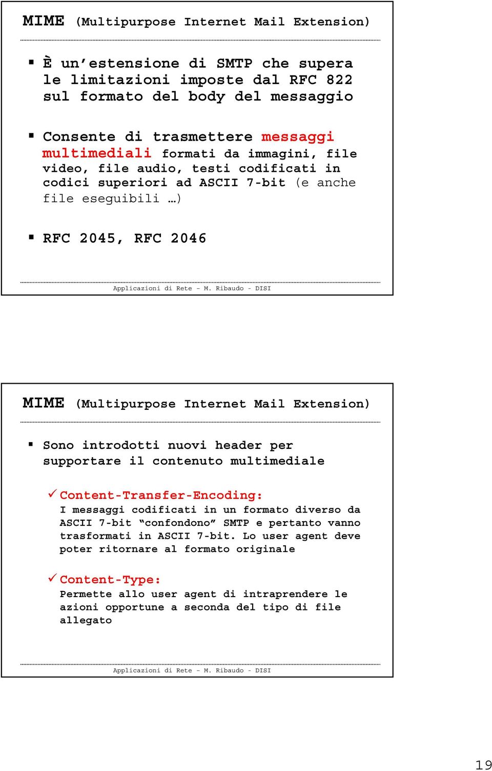 Extension) Sono introdotti nuovi header per supportare il contenuto multimediale Content-Transfer-Encoding: I messaggi codificati in un formato diverso da ASCII 7-bit confondono SMTP e