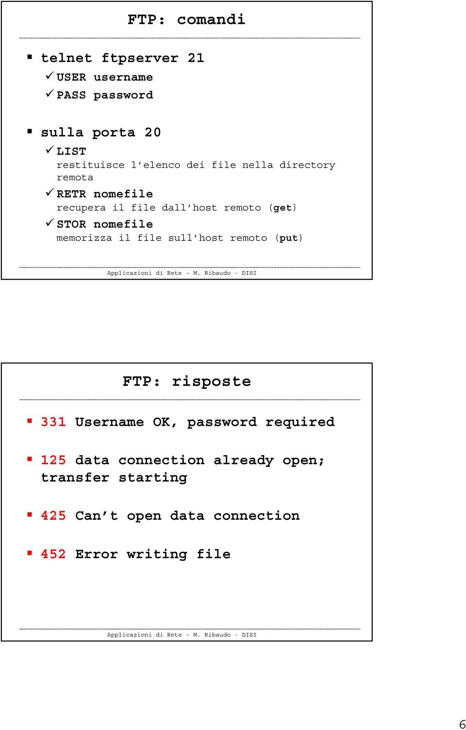 memorizza il file sull host remoto (put) FTP: risposte 331 Username OK, password required 125
