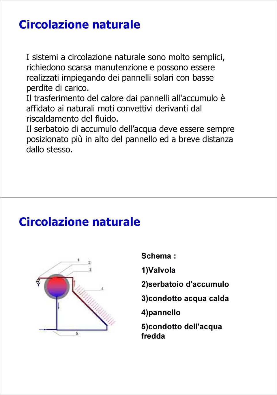 Il trasferimento del calore dai pannelli all'accumulo è affidato ai naturali moti convettivi derivanti dal riscaldamento del fluido.