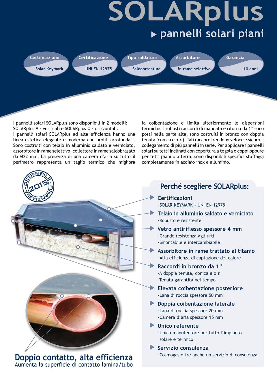 Sono costruiti con telaio in alluminio saldato e verniciato, assorbitore in rame selettivo, collettore in rame saldobrasato da ø22 mm.