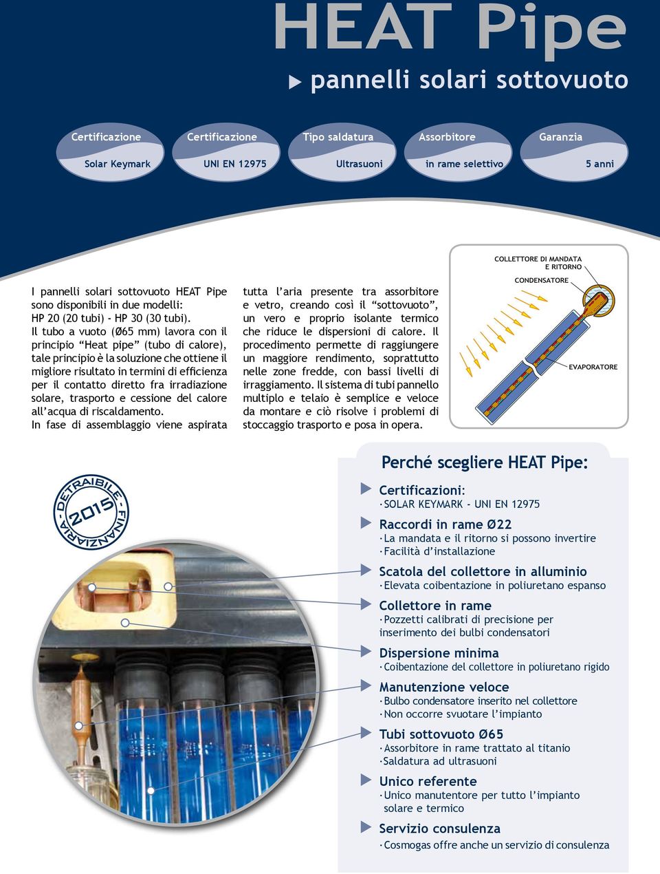 Il tubo a vuoto (ø5 mm) lavora con il principio Heat pipe (tubo di calore), tale principio è la soluzione che ottiene il migliore risultato in termini di efficienza per il contatto diretto fra