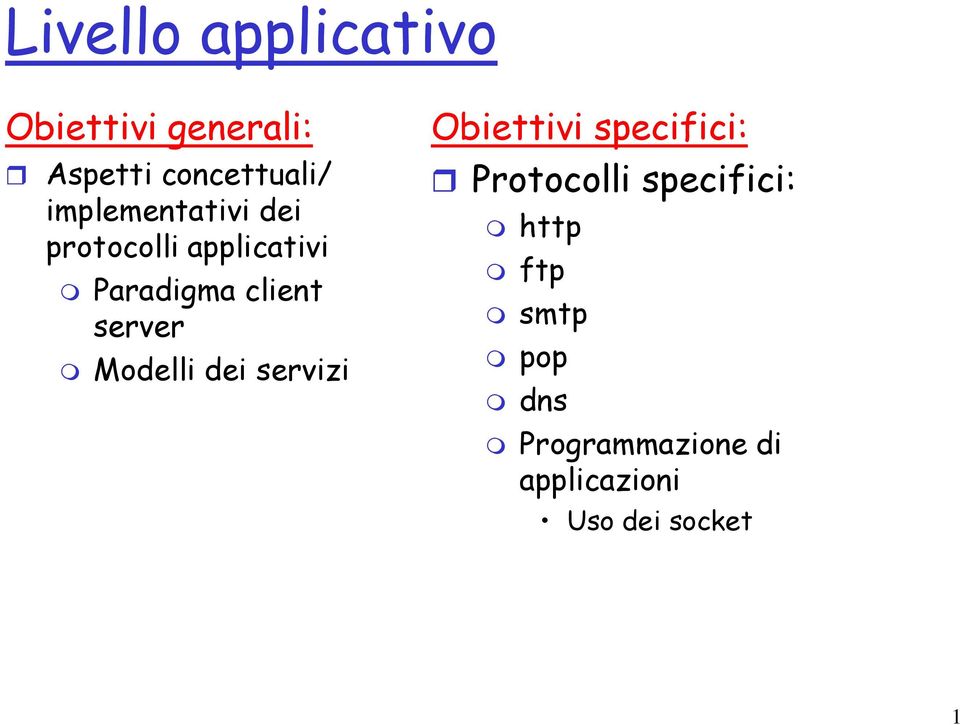 server Modelli dei servizi Obiettivi specifici: Protocolli