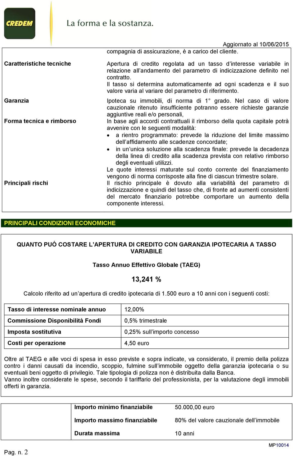 definito nel contratto. Il tasso si determina automaticamente ad ogni scadenza e il suo valore varia al variare del parametro di riferimento. Ipoteca su immobili, di norma di 1 grado.