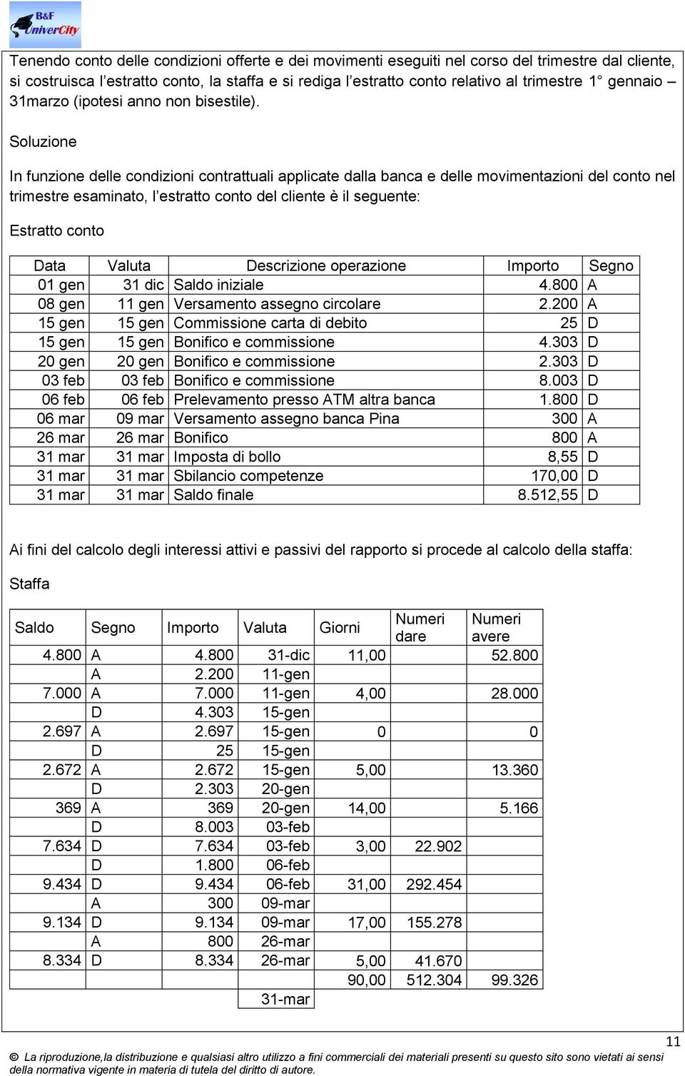 Soluzione In funzione delle condizioni contrattuali applicate dalla banca e delle movimentazioni del conto nel trimestre esaminato, l estratto conto del cliente è il seguente: Estratto conto Data