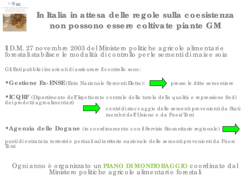 27 novembre 2003 del Ministero politiche agricole alimentari e forestali stabilisce le modalità di controllo per le sementi di mais e soia Gli Enti pubblici incaricati di assicurare il controllo