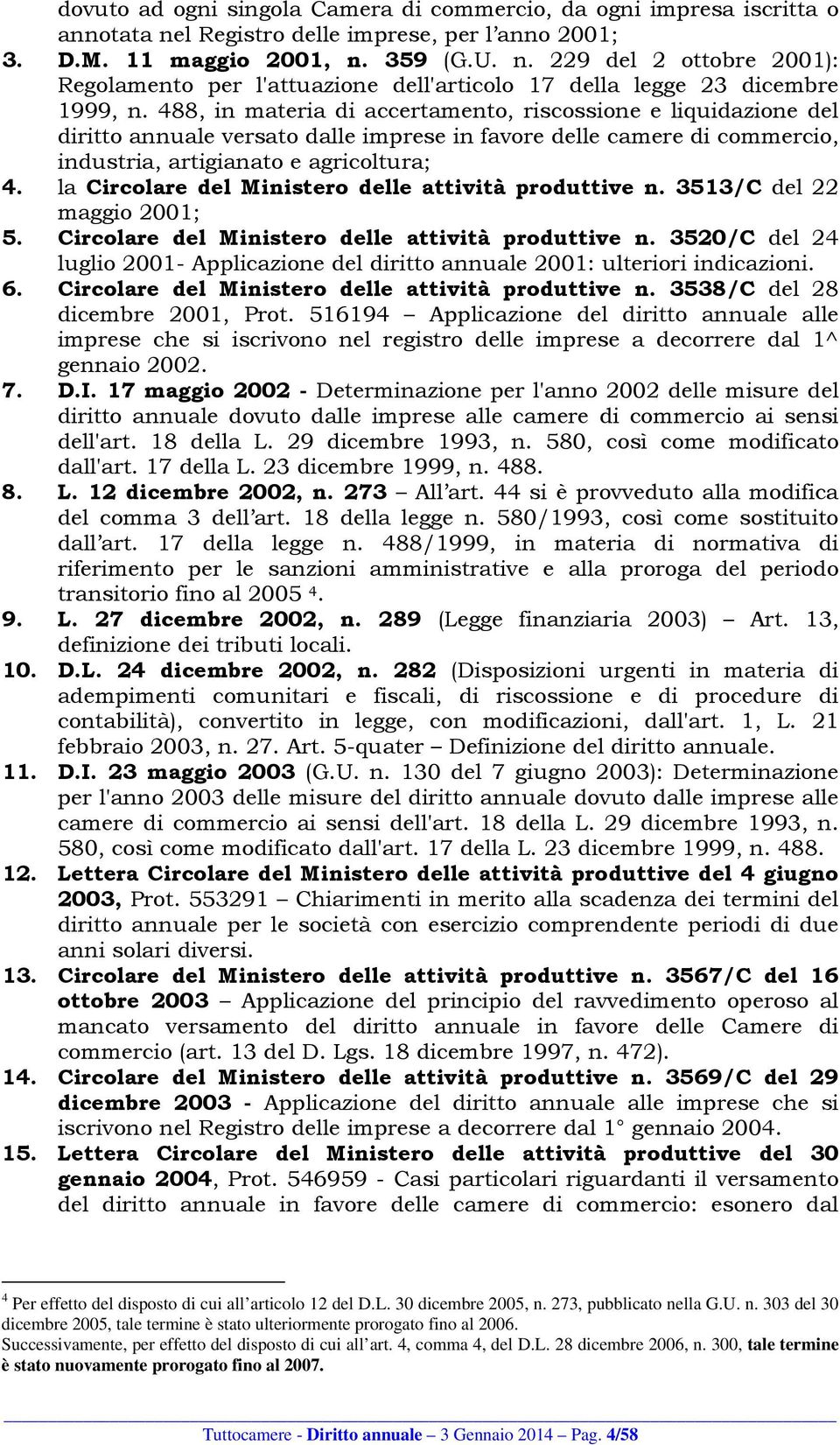 la Circolare del Ministero delle attività produttive n. 3513/C del 22 maggio 2001; 5. Circolare del Ministero delle attività produttive n. 3520/C del 24 luglio 2001- Applicazione del diritto annuale 2001: ulteriori indicazioni.