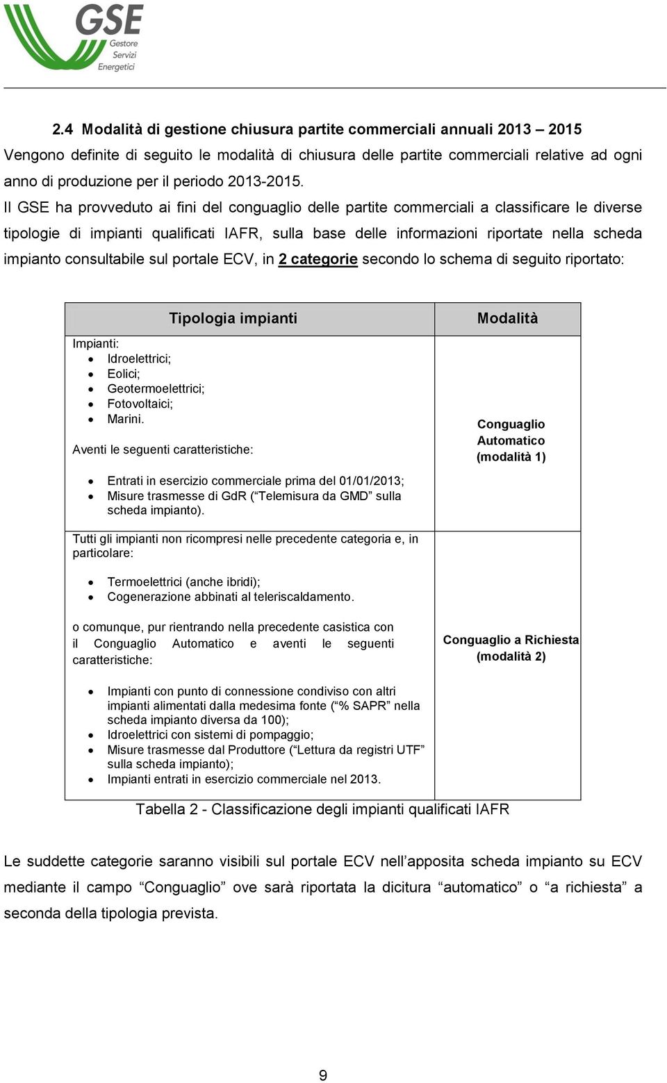 Il GSE ha provveduto ai fini del conguaglio delle partite commerciali a classificare le diverse tipologie di impianti qualificati IAFR, sulla base delle informazioni riportate nella scheda impianto