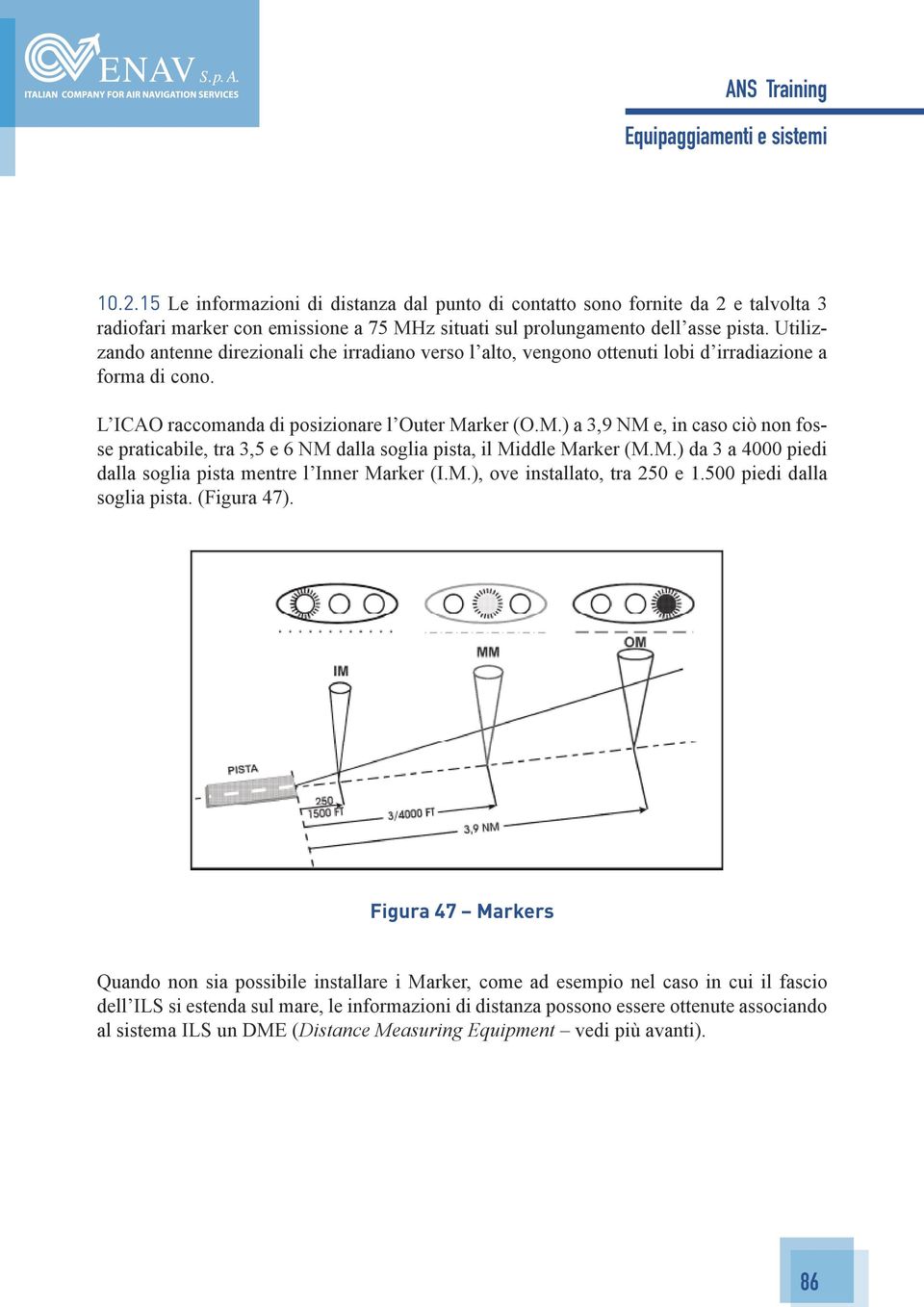 rker (O.M.) a 3,9 NM e, in caso ciò non fosse praticabile, tra 3,5 e 6 NM dalla soglia pista, il Middle Marker (M.M.) da 3 a 4000 piedi dalla soglia pista mentre l Inner Marker (I.M.), ove installato, tra 250 e 1.