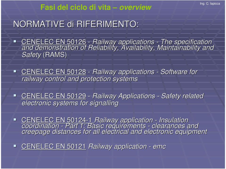 systems CENELEC EN 50129 - Railway Applications - Safety related electronic systems for signalling CENELEC EN 50124-1 Railway application - Insulation