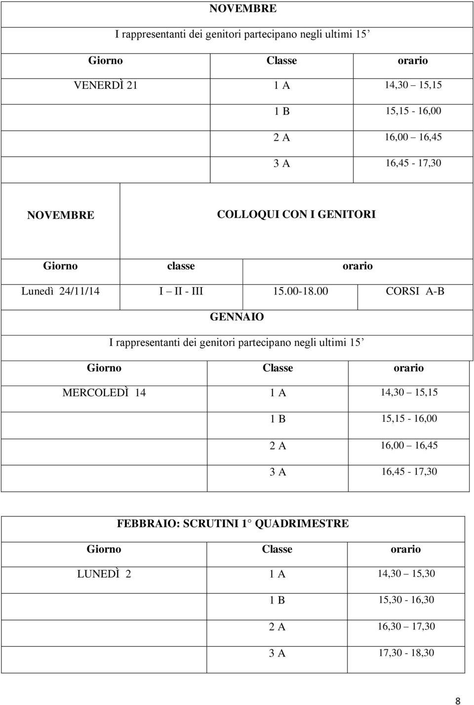 00 CORSI A-B GENNAIO I rappresentanti dei genitori partecipano negli ultimi 15 Giorno Classe orario MERCOLEDÌ 14 1 A 14,30 15,15 1 B