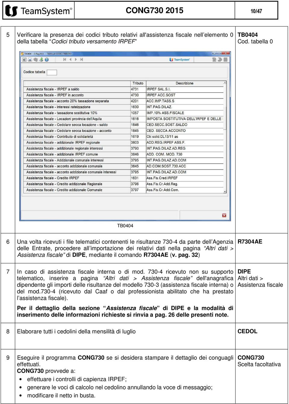 Assistenza fiscale di DIPE, mediante il comando R7304AE (v. pag. 32) R7304AE 7 In caso di assistenza fiscale interna o di mod.