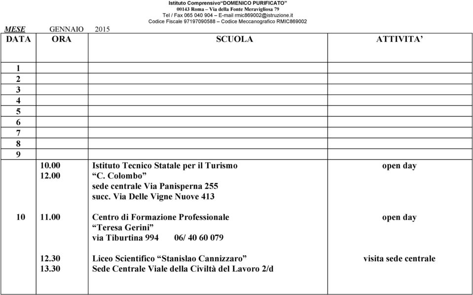 00 Istituto Tecnico Statale per il Turismo C. Colombo sede centrale Via Panisperna 255 succ. Via Delle Vigne Nuove 413 10 11.