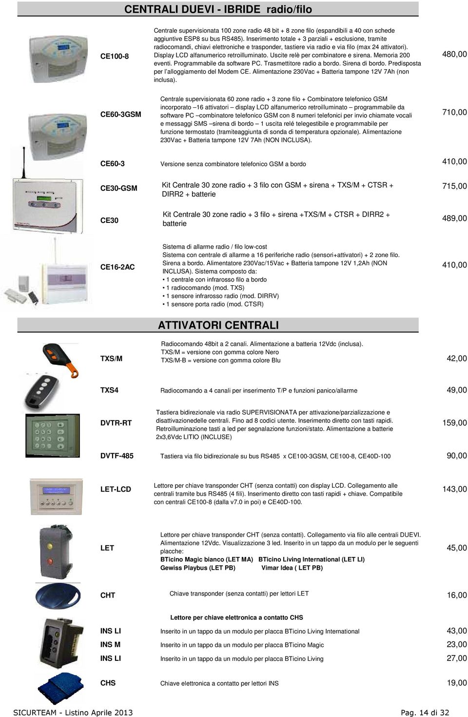 CE100-8 Display LCD alfanumerico retroilluminato. Uscite relè per combinatore e sirena. Memoria 200 480,00 eventi. Programmabile da software PC. Trasmettitore radio a bordo. Sirena di bordo.