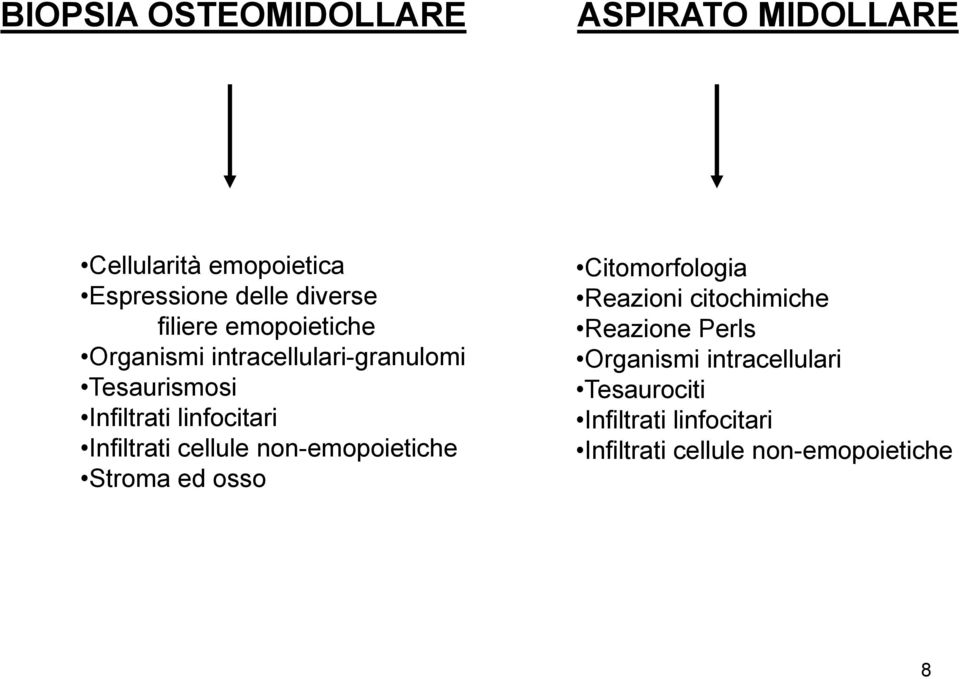 Infiltrati cellule non-emopoietiche Stroma ed osso Citomorfologia Reazioni citochimiche