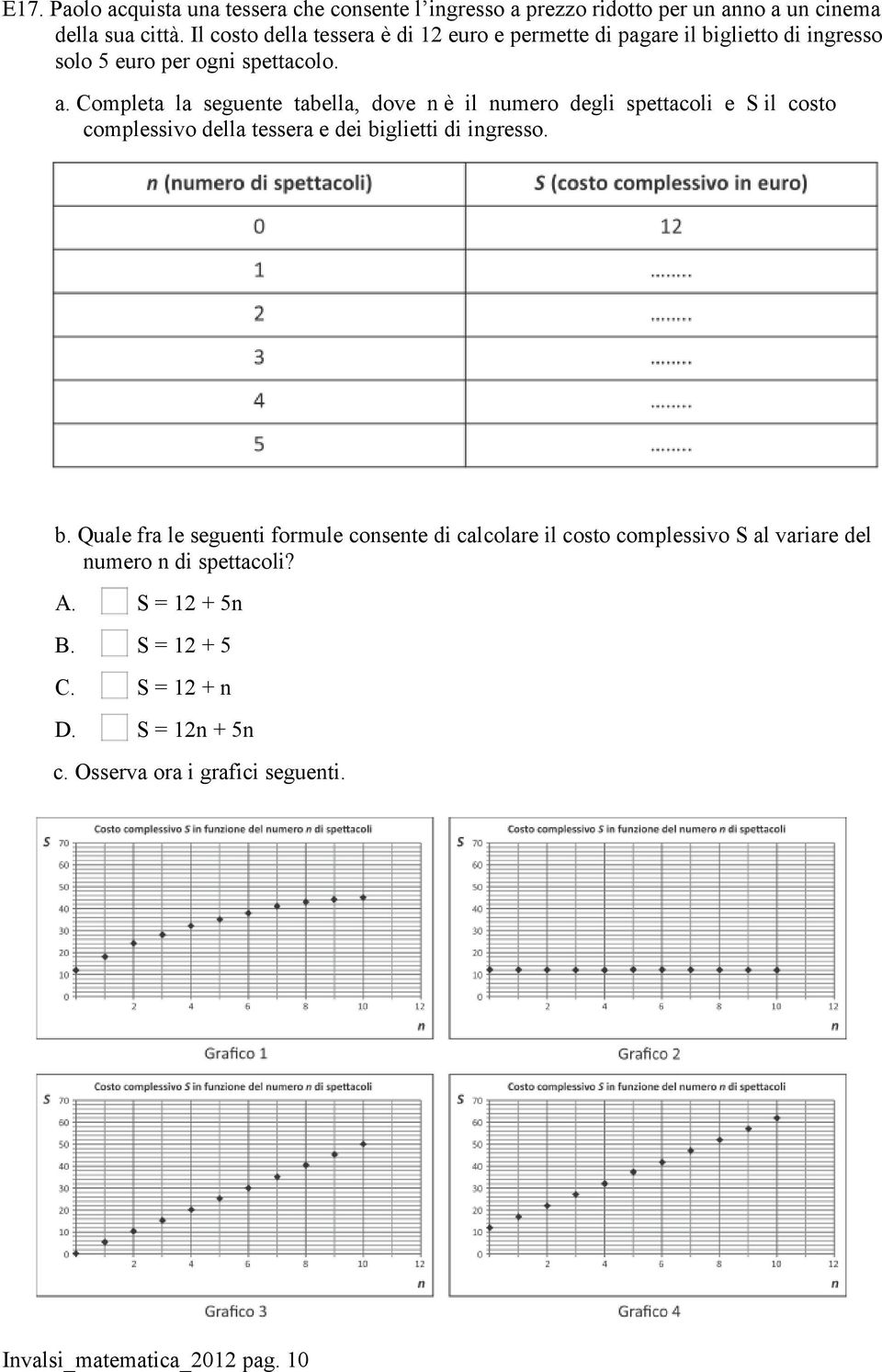 Completa la seguente tabella, dove n è il numero degli spettacoli e S il costo complessivo della tessera e dei bi