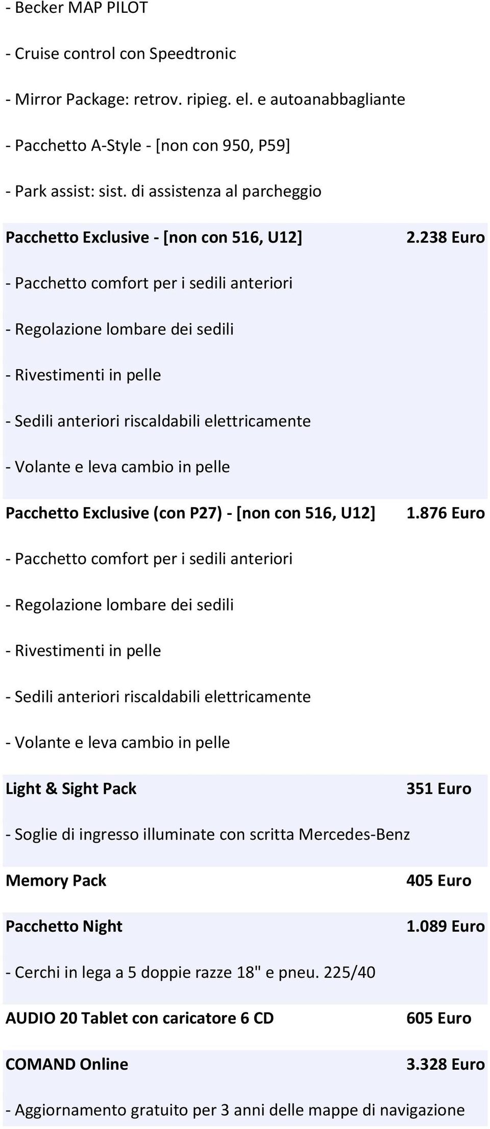 238 Euro - Pacchetto comfort per i sedili anteriori - Regolazione lombare dei sedili - Rivestimenti in pelle - Sedili anteriori riscaldabili elettricamente - Volante e leva cambio in pelle Pacchetto