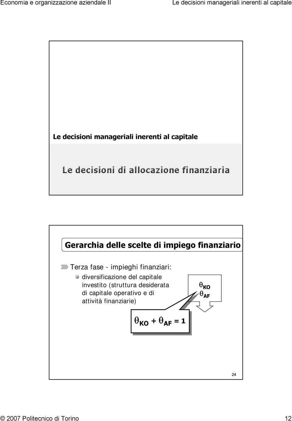 del capitale investito (struttura desiderata di capitale operativo e di