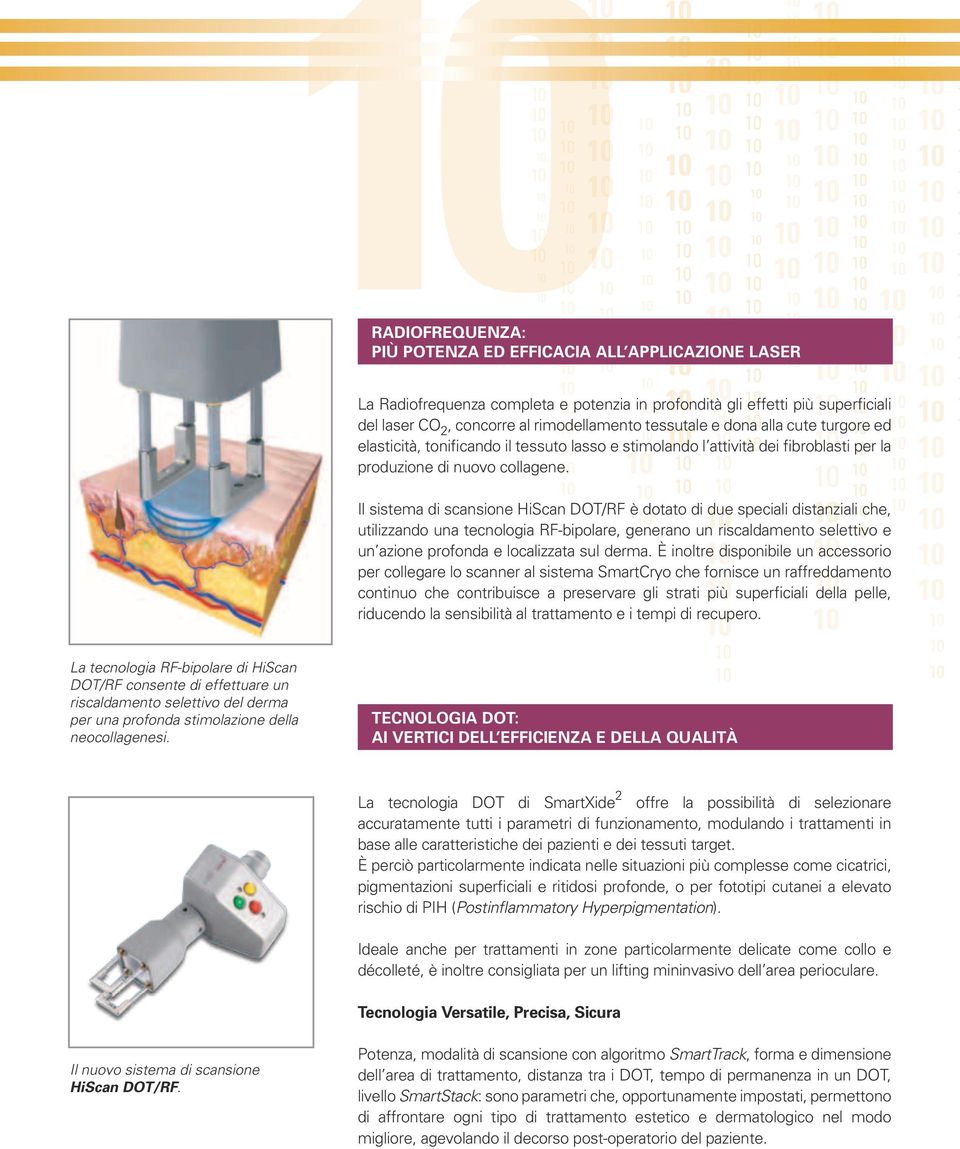 Il sistema di scansione HiScan DOT/RF è dotato di due speciali distanziali che, utilizzando una tecnologia RF-bipolare, generano un riscaldamento selettivo e un azione profonda e localizzata sul