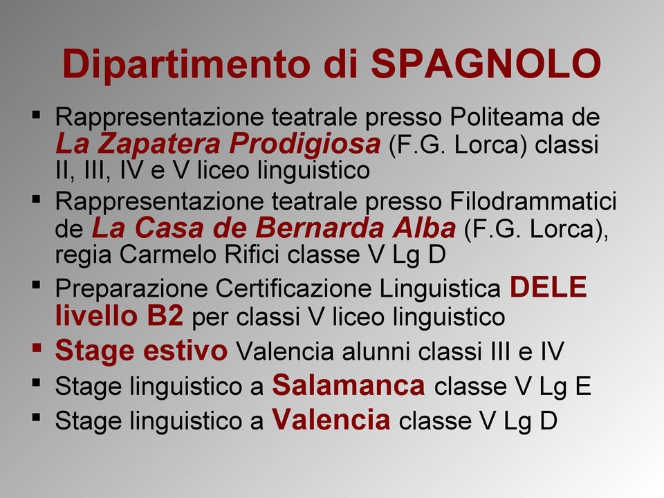 Lorca) classi II, III, IV e V liceo linguistico Rappresentazione teatrale presso Filodrammatici de La Casa de Bernarda