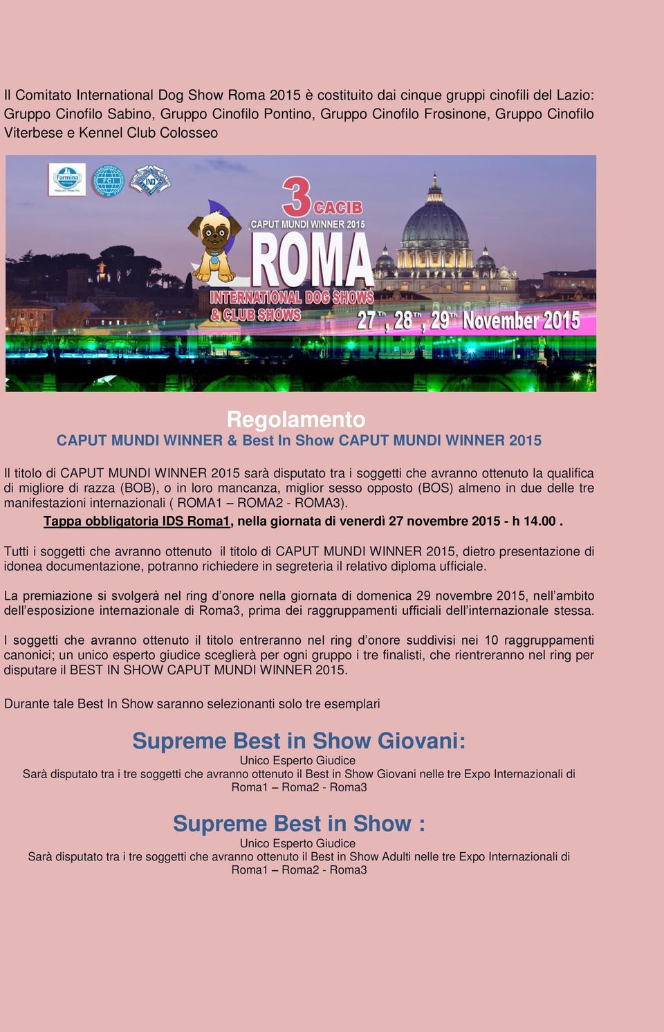 migliore di razza (BOB), o in loro mancanza, miglior sesso opposto (BOS) almeno in due delle tre manifestazioni internazionali ( ROMA1 ROMA2 - ROMA3).