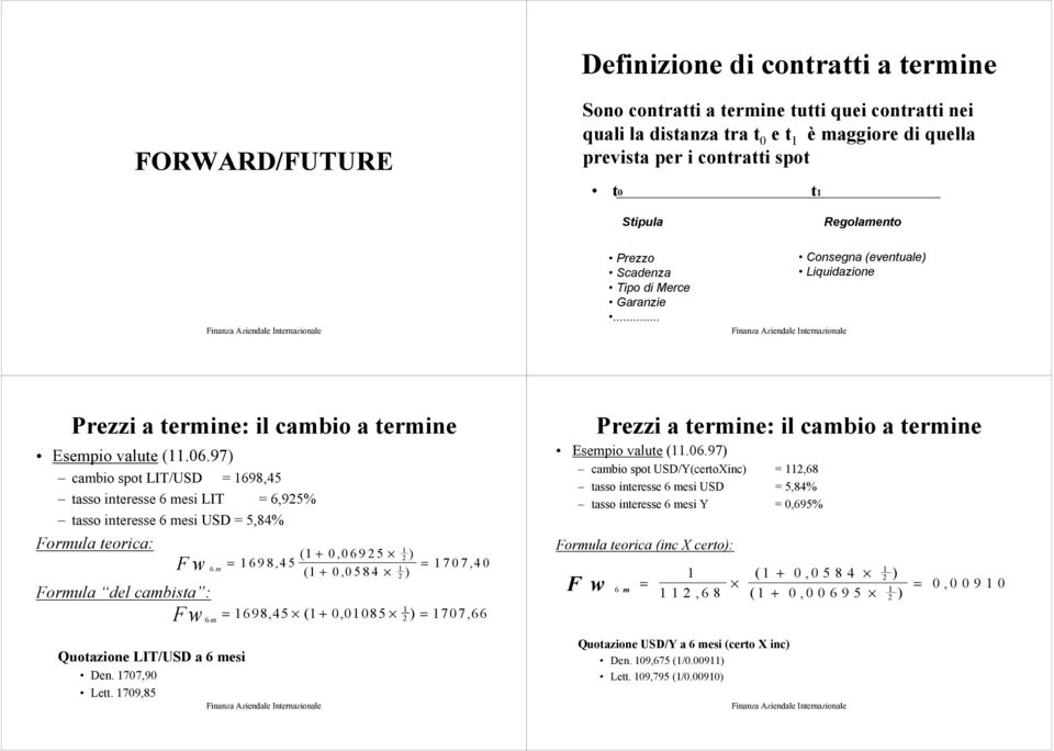 97) cambio spot LIT/USD = 1698,45 tasso interesse 6 mesi LIT = 6,925% tasso interesse 6 mesi USD = 5,84% Formula teorica: Fw 6 m =, Formula del cambista : Quotazione LIT/USD a 6 mesi Den.