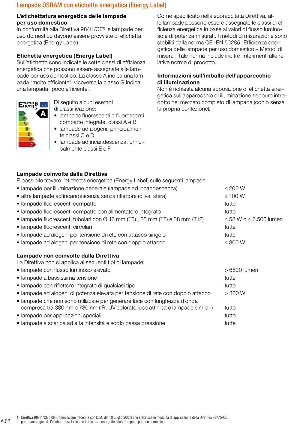 Etichetta energetica (Energy Label) Sull etichetta sono indicate le sette classi di efficienza energetica che possono essere assegnate alle lampade per uso domestico.