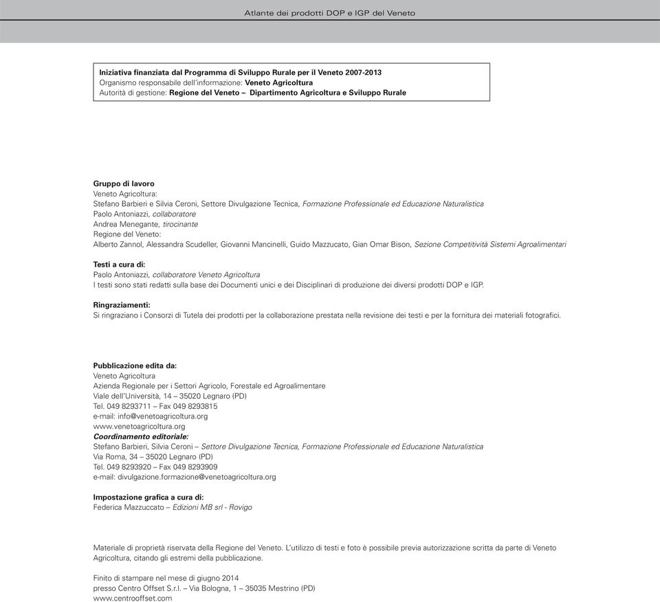 Antoniazzi, collaboratore Andrea Menegante, tirocinante Regione del Veneto: Alberto Zannol, Alessandra Scudeller, Giovanni Mancinelli, Guido Mazzucato, Gian Omar Bison, Sezione Competitività Sistemi