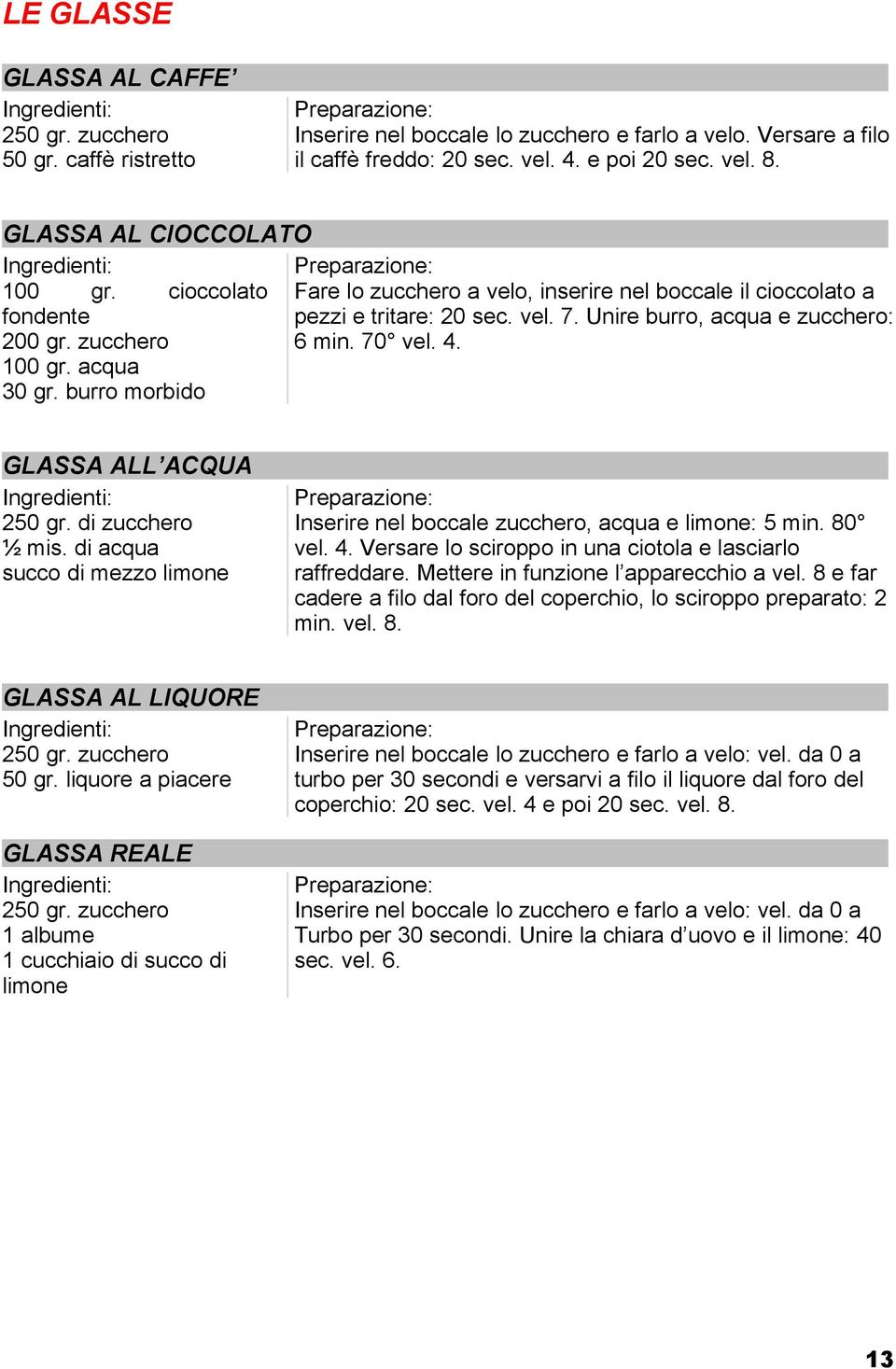 70 vel. 4. 100 gr. acqua 30 gr. burro morbido GLASSA ALL ACQUA 250 gr. di zucchero ½ mis. di acqua succo di mezzo limone Inserire nel boccale zucchero, acqua e limone: 5 min. 80 vel. 4. Versare lo sciroppo in una ciotola e lasciarlo raffreddare.